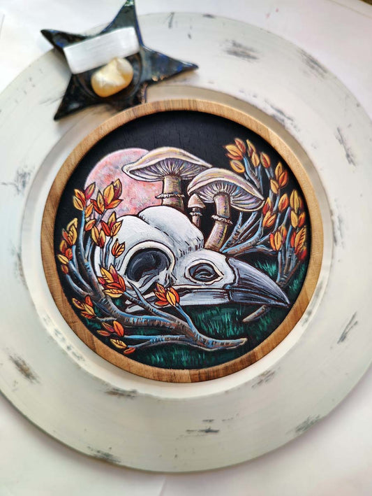 Autumn Night CROW SKULL Hand Painted Glass Storage Jar