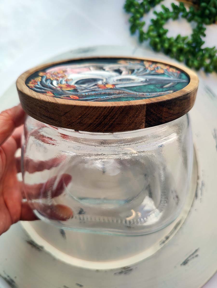 Autumn Night CROW SKULL Hand Painted Glass Storage Jar