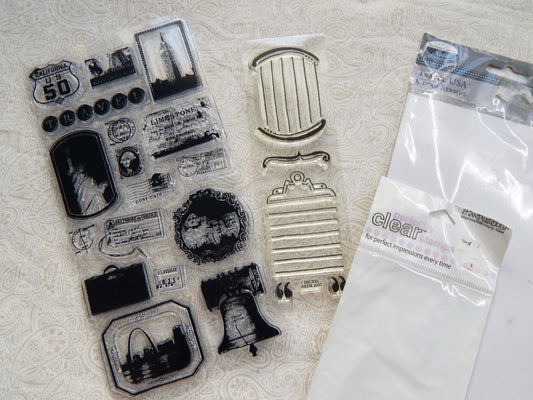 BRAND NEW! Travel and POSTMARKS, Clipboard and LABEL Clear CLING STAMP SET