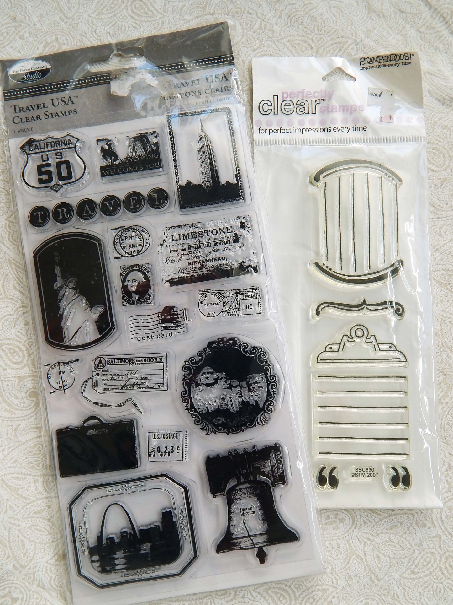 BRAND NEW! Travel and POSTMARKS, Clipboard and LABEL Clear CLING STAMP SET